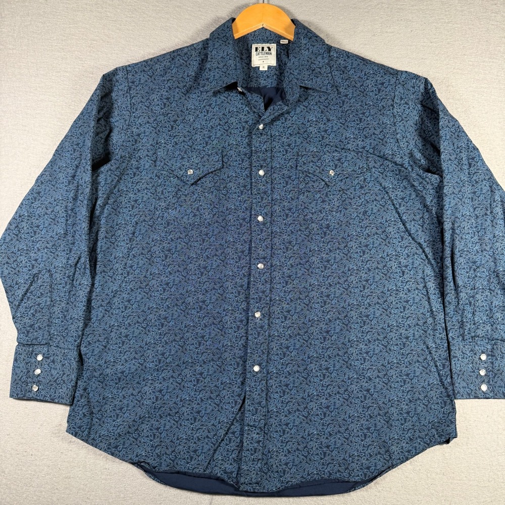 Ely Cattleman Mens XL Navy Paisley Western Pearl Snap‎ Long Sleeve Cotton Shirt